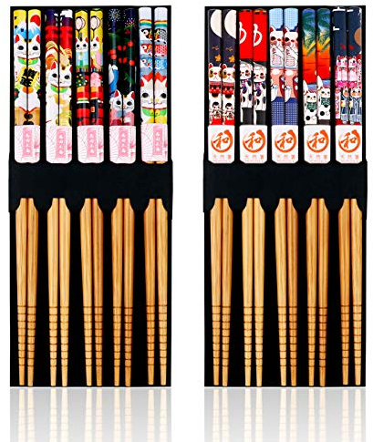 Pwsap Set de 10 Palillos de Bambú Naturales Reutilizables, 9Pulgadas Lindo Gato Hecho a Mano Japonés Palillos vajilla Set, en Lavavajillas, para Comer Ramen, Sushi, Fideos, Cocina Asiática