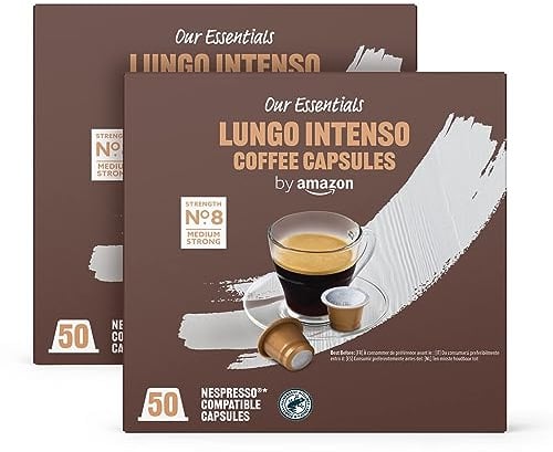 by Amazon Cápsulas de café Lungo Intenso, tueste medio, compatibles con Nespresso, 100 unidades, 2 paquetes de 50, certificado Rainforest Alliance