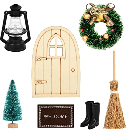 EKKONG Miniatur Wichtel Set Weihnachten Puppenhaus Zubehör Miniatur Puppenhausmöbel Mini Haus Ornament Stiefel Laterne Weihnachtsbaum Holzleiter Wichtelbesen Wand Türwand hängende (B)