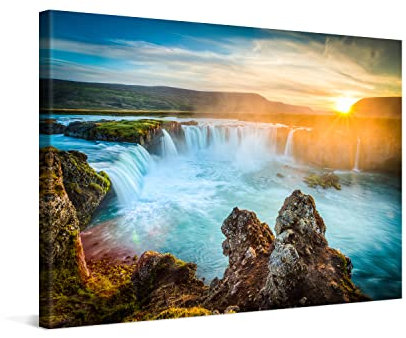 PICANOVA – Leinwandbild Island Godafoss Wasserfall 120x80cm – Premium Leinwanddruck – Kunstdruck Auf 2cm Holz-Keilrahmen Für Schlaf- Und Wohnzimmer – Kollektion Wasserfälle