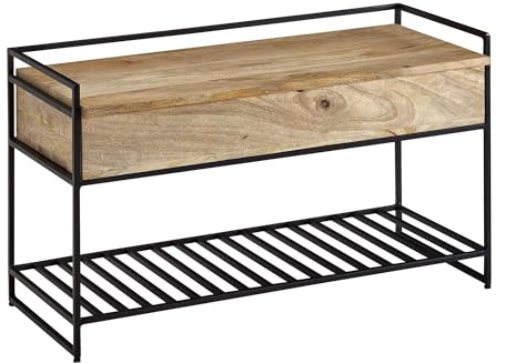 FineBuy Sitzbank mit Stauraum 90x52x38 cm Mango Massivholz/Metall Flurbank, Schuhbank mit Sitzfläche Klein, Schmale Garderobenbank mit Schuhregal