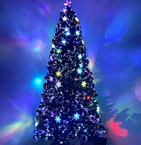 Asinse Albero di Natale artificiale in fibra ottica, con fiocchi di neve trasparenti, albero di Natale verde pre-illuminato con effetti floreali, stella superiore e supporto in metallo (180 cm, tipo