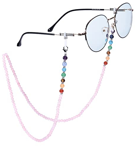 Nupuyai 7 Chakra Stein Perlen Brillenkette Damen Kristall Sonnenbrillenkette Gesichtsmaske Kette Edelstein Brillenband Brillenkordel Brillenhalter für Lesebrillen, Myopiebrille Rosenquarz