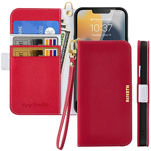 Aisenth Flip Case for iPhone XR (6.1 inch), Solid Color Litchi Grain Design PU Leather Wallet Case Folio Cover with Card Slots, Sided Magnetic Closure, Kickstand + 1 Wrist Strap (Red)