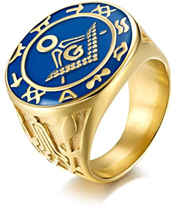 Skcess Männer Ringe Gold & Blau, Ringe Männer Edelstahl Freimaurer Ringe Herren Geschenke für Männer Größe 62 (19.7)