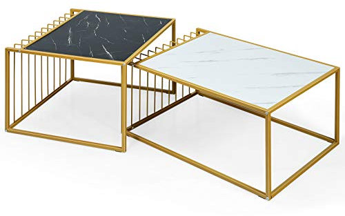 LIFEZEAL Satztisch 2er Set, Couchtisch mit Marmoroptik, Kaffeetisch mit golden Stahlrahmen, Sofatisch Beistelltisch für Wohnzimmer & Büro