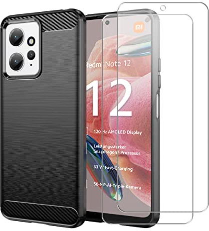 Cover Per Xiaomi Redmi Note 12 4G, Nero Morbido TPU Anti-caduta Protettiva Custodia con Due Vetro Temperato Pellicola Protettiva Per Xiaomi Redmi Note 12 4G 6,67
