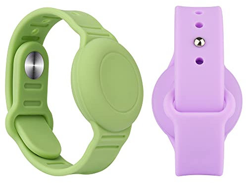 2er-Pack wasserdichtes Air-Tag-Armband,kompatibel mit Apple Air-Tag,weiches verstellbares Air-Tag-Armband,Air-Tag-Uhrband für Kinder Kleinkinder Babys ältere Menschen (Grün & Lila)