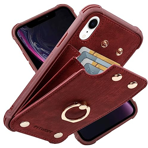 PYTWOPY Apple Handyhülle für iPhone XR/10R mit Kreditkartenhalter, Leder, stoßfest, unterstützt 360° drehbarer Ringständer und RFID-Blockierung, Burgunderrot