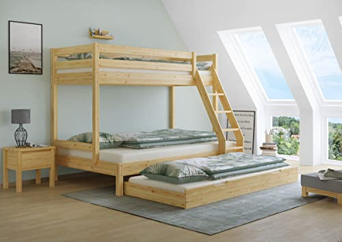 Erst-Holz Doppel-Etagenbett 120x200 und 80x200 Erwachsenen-Stockbett Kiefer Massivholz Natur V-60.18-08-12, Ausstattung:Rollrost. Matratze und Gästebettkasten inkl.