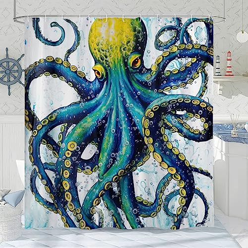 Sanzugh Nautischer Oktopus-Duschvorhang, lustiger blauer Ozean-Tier, Kraken, Stoff-Duschvorhänge-Set für Kinder, Jungen, Männer, Badezimmer-Dekoration mit Haken, 183 x 182,9 cm, coole Badedekoration