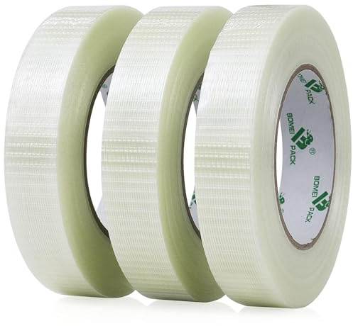 BOMEI PACK 3 Rollen Filamentband 25mm x 50m Glasfaservestärkt Packband Transparent Filament Klebeband Fadenverstärkt Zum Umreifen, Fixieren und Reparieren