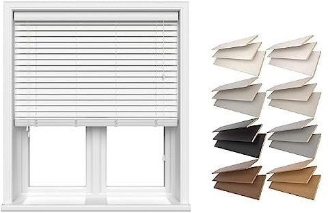 Venetian Faux Wood String Blind wooden Venetian Blinds With Strings 50mm Slats TRIMMABLE Fauxwood White (120cm x 150cm)