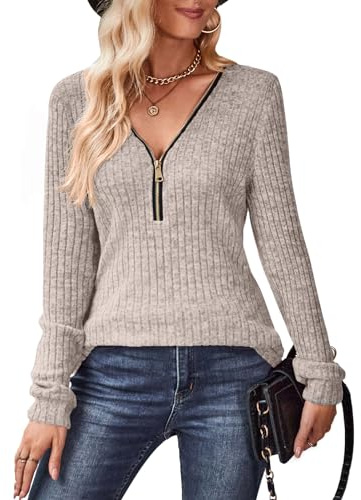 Gemulate Tops for Women UK,Long Sweater Winter Sweatshirts Zipper Striped Knit Jumper Casual Loose V Neck Fall Clothes for Ladies Khaki XXL