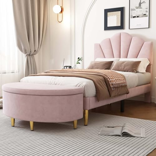 KOMHTOM Lit Rembourré Plateforme avec Tête de lit, Cadre de Lit avec Sommier à Lattes en Bois, Modernité Chambres à Coucher(sans Matelas) (Rose-avec Banquette, 90x200CM)