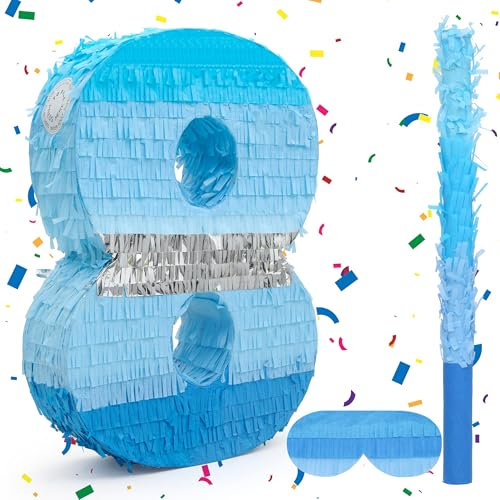 Birchio Pinata-Set mit der Zahl 8 mit Augenbinde und Fledermaus (41,6 x 29,6 x 10,2 cm), perfekt für Geburtstagsparty-Zubehör, Bausteine, Themen-Geburtstag, Dekoration