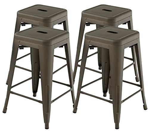 RELAX4LIFE 4er Set Barhocker, Barstühle aus Metall, Thekenhocker Stapelbar, Küchenstühle mit Fußstütze & Rutschfesten Füßen, bis 150 kg belastbar, Hocker für Thekenhöhe 89-104cm (Gun, Sitzhöhe 61cm)