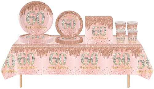 69pcs Rose Gold 60th Birthday Decorations - Tablecloth, Plates, Napkins, Cups Set for Women, Men, Him, Her - Gifts and Table Decorations