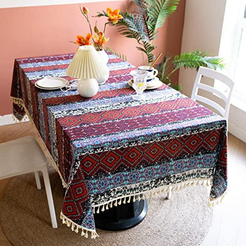 Menkala Tischdecke Boho Style Abwaschbar Bunt Rot Kariert Tischwäsche mit Quasten Baumwolle Leinen Landhausstil Vintage Rechteckige Tischtuch Klein 120x120cm Tischdeko für Home Küche Speisetisch