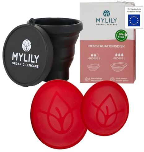 MYLILY® set di 2 dischi mestruali e astuccio per la pulizia | dischi mestruali S e L e coppetta nera per la pulizia | set I riutilizzabile