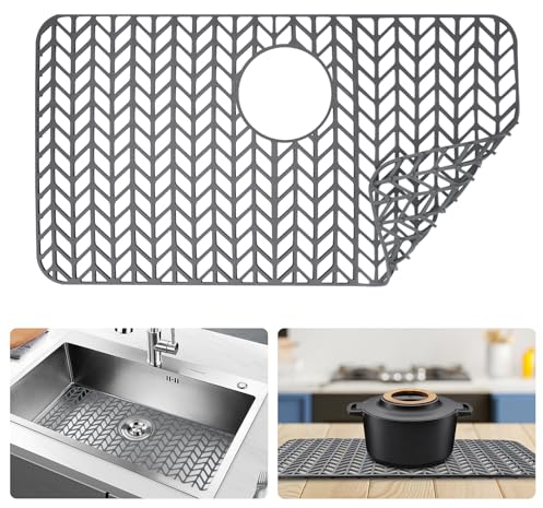 FOSFUKEER Alfombrilla de Silicona para Fregadero de Cocina, Alfombrilla Antideslizante Plegable de Silicona Resistente al Calor con Orificio de Drenaje Trasero (Ceniza, Agujero Medio Superior)