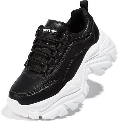 LUCKY STEP Dam Mode Tjocka Sneakers, Läder Pappaskor med Vinkelsula för Daglig Användning (Svart/Vit, 10US-41EU-8UK)