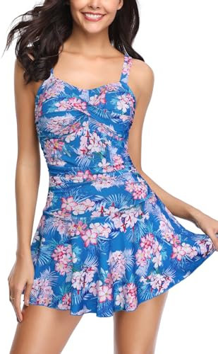 SHEKINI Femme Maillot de Bain Une Pièce Jupette Elégant Ruched Bandeau Robe de Plage Abdominal Contrôle Amincissante Sport Réglable Jupette Bikini de Plage(L,Bleu Clair-Rose Blanc Fleurs)