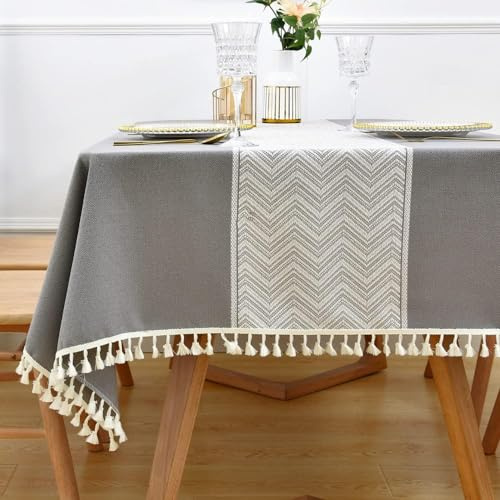Yofori Leinen Abwaschbare Tischdecke, 135x135cm Grau Tischdecke Boho Leinenoptik Tischdecken Baumwolle Polyester Tischtuch Quadratisch Tischdeko für Esstisch, Küchentisch, Outdoor