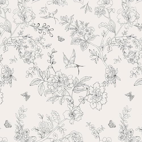 Black and White Self Adhesive Wallpaper,44 x 1000cm Flowers and Birds Wallpaper Woodland Wall paper Black Floral Leaf Plants Wall paper Self Adhesive Furniture Wrap for Living Room,Bathroom,Drawer