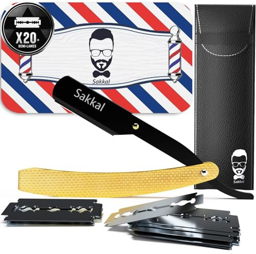 Rasiermesser Barber set 20 Halbe Klingen Etui Leder Reise SAKKAL |Rasierer Friseur Herren Handbart Barber Professional Kit Classic Handpflege Precision Friseurmechanik bartschablonen (Gold)