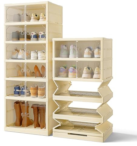 BTGGG Foldable Shoe Storage Box - 6 Tier Plastic Cabinet for 10 Pairs & 2 Boots, Installation-Free Clear Collapsible Organiser for Sneakers, Trainers, Heels