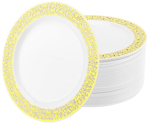 MOUYAT 60PCS Plastic Dinner Plates, 19cm Reusable White Plastic Plate with Gold Grim Hollow Design, Party Plates for Gathering, Picnic