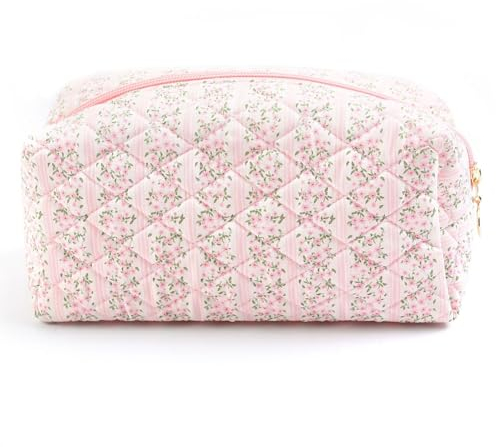 Borsa Cosmetica Trapuntata in Cotone, Beauty Case Donna, Necessaire, Borsa da Toilette, Trousse Trucco Floreale, Pochette Cosmetici per Donne e Ragazze
