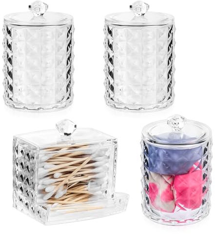 4 Pz Barattoli Porta Cotton Fioc per Bagno, Scatola di Cotone Organizzatore Trucchi Bagno, Porta Dischetti Struccanti Dischetti di Cotone con Coperchio, Dispenser Contenitore Cotton Fioc Organizer