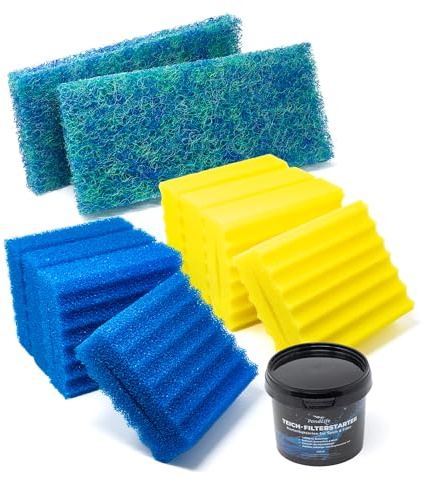 VIALIA 10er Set Ersatzteile für Kammerfilter CBF-350B und OTF 16000 | 4 Blaue und 4 gelbe Schwämme, 22,5x20x8,5 cm, 2 Japanmatten, mit Pondovit Filterstarter