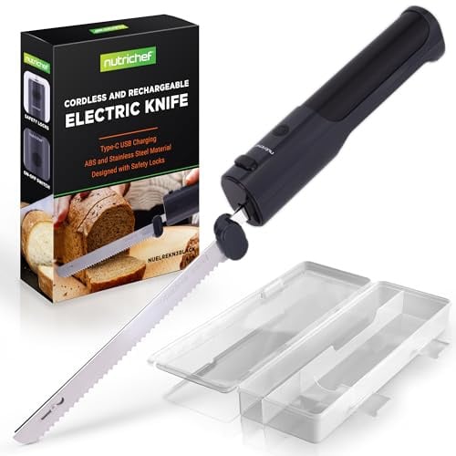 NutriChef Elektrisches Küchenmesser – Akku-Messer mit Edelstahlklingen, USB-C, Schwarz Für Truthahn, Fleisch, Brot & Käse | 11,42″ Edelstahlklingen | Sicher & leicht