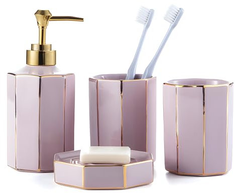 Santentre Set Bagno Accessori Completo 4 Pezzi con Dispenser Sapone, Porta Spazzolino da Denti, Bicchiere, Porta Sapone, Set Accessori Bagno in Ceramica, Regalo Casalingo per l'organizzazione, Rosa