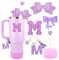 Juego de accesorios de taza morada para vaso Stanley de 887 ml y 1,134.0 g con asa, dijes de letras, cubiertas de pajilla de lazo y diamante, funda de silicona con purpurina, calcomanía personalizada