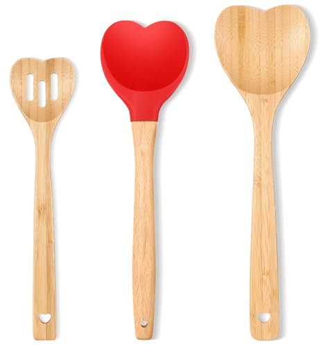 3 Pcs Valentine's Day Heart Shaped Spoons Heart Wooden Spoons Silicone Spatulas with Wooden Handles for Kitchen Mom Wife Hostess Mother's Day Housewarming Gifts