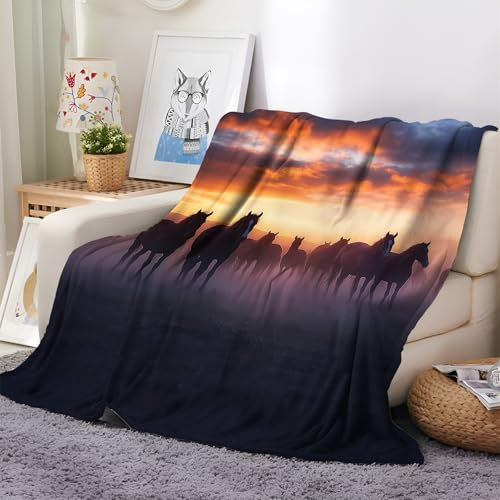 Kuscheldecke 130x150 cm Warme Sherpa Decke Sonnenaufgang Tier Pferd Wohnzimmer Flauschige Wolldecke Sherpa Decke Wohndecke Sofadecke für Erwachsene Kinder Baby