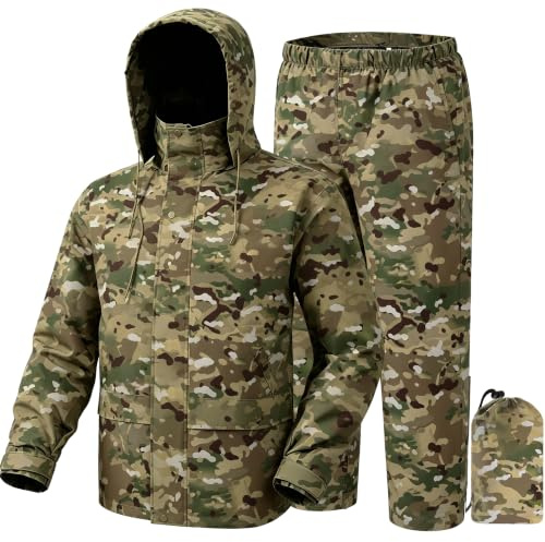 Fousam Rain Suit, Rain Gear for Men Waterproof, Camo Rain Jacket, Lightweight Raincoat for Fishing, Hunting, Motorcycling, Hiking, Traveling, XXL