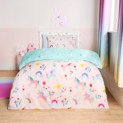OHS Single Bedding Set, Ultrasoft Warm Cosy Quality Gentle Microfibre Fabric Reversible Quilt Duvet Covers with Matching Pillowcase Kids Girls Duvet Covers, Unicorn Magic - Single