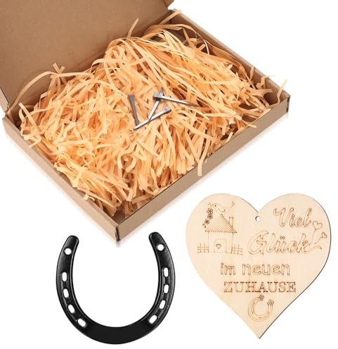 KOXXIAMOQ Horseshoe Gifts, Wedding Horseshoes, Decorative Iron Horseshoes Good Luck Charms, Horse Shoe Ornaments Wedding Housewarming Gifts, with 4 Horseshoe Nails, 1 x Wooden Sign
