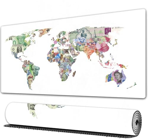 FEHWI Tappetino per mouse da gioco,grande,antiscivolo,impermeabile,con bordi cuciti,varie banconote del mondo che illustrano l'economia mondiale a forma di mondo,per gaming,ufficio,casa,90×40 cm