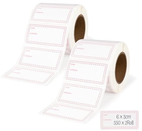 Hengsong Freezer Labels,2 Rollx500 Sticky Labels 6x3cm,for Jars,Kitchen,for Storage Boxes,Pantry,Fridge Stickers,White,Red