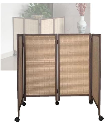 Kurzer Raumteiler mit 3/4/5/6/7/8 Paneelen, beweglicher Sichtschutz mit Rollen, Faltbare, dekorative Verdunkelungstrennwand aus Bambus für den Heimschul- und Kindergartenbereich (100 x 40 cm, 4 Pane