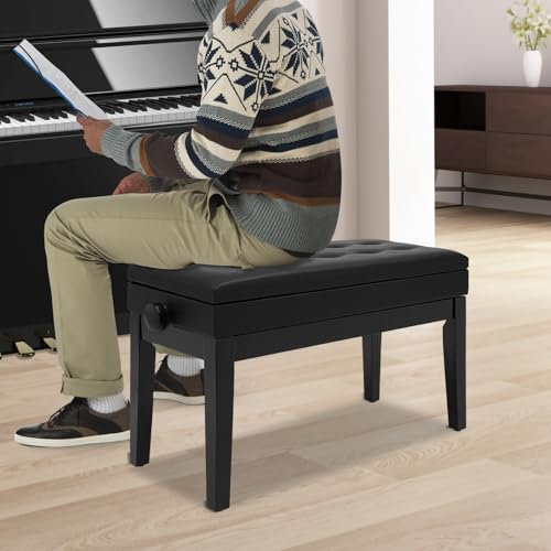 OMGGYER Klavierhocker Höhenverstellbar Klavierbank, Heavy Duty Keyboard Hocker mit Stauraum, Lederkissen & Beine aus Massivholz, Schwarz Klavierstuhl für 2 Personen, bis 160kg belastbar