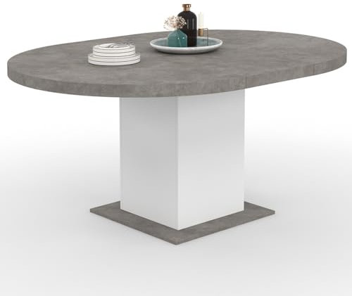 IDMarket - Esstisch, ausziehbar, rund, Eden, 4-8 Personen, Beton und Weiß, 120 – 160 cm