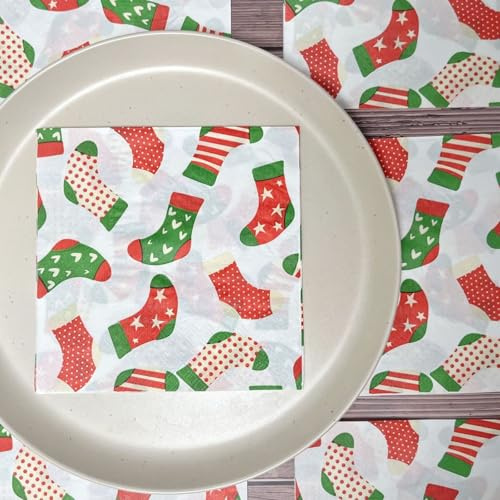 Tovaglioli di Carta Calzini Di Natale Verdi Carta Igienica Spessore Tovaglioli di Carta Decorati Compleanno Decorazione da Tavola Usa E Getta per Matrimoni Feste 30 Packs(33x33cm)