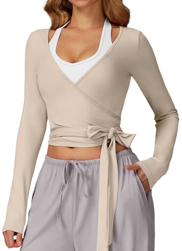 FEOYA Haut Cache-CœUr pour Femme De Ballet à Manches Longues Noué sur Le Devant Yoga Pilates Haut De Gymnastique Dancewear